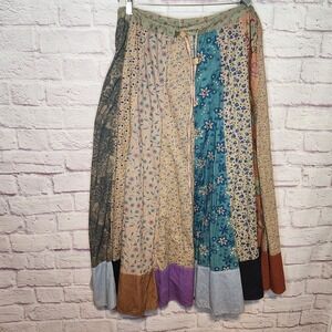 Blue Sky Mixed Patchwork Hippie Boho‎ Cottagecore Festival Maxi Skirt Sz Large